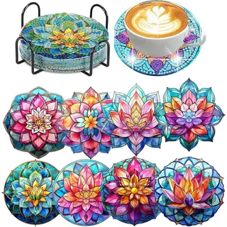 8 Stück Diamond Painting Untersetzer mit Halter-DIY Diamant Painting Set für Erwachsene & Kinder-Rund Mandala & Hund Motive Tassenuntersetzer mit Kork-Rückseite-Kreative Entspannung Bastelideen(Blume)
