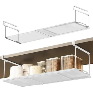 Fouvin Unterregal Hängekorb, Einhängekorb aus Metall Verstellbarer 38-70cm, Küchenschrank Vorratskammer Schuhschränken Organizer Ausziehbar (Weiß)