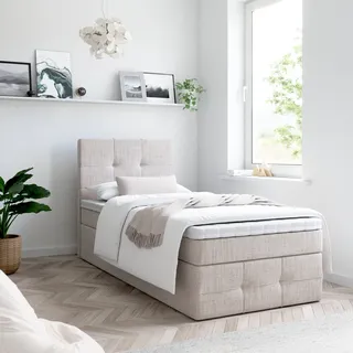 Boxspringbett, Kinderbett MERA PREMIUM MINI 90x200cm + Topper T25 mit Bettkasten, Einzelbett, Stauraum, Jugendbett (Creme - AURA 01) - Creme