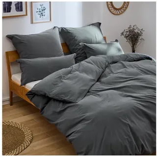 Blumtal Bettwäsche 135x200 Leinen Optik 2teilig mit Kissenbezug 40x80cm - Bettbezug leinenartige Baumwolle, ähnlich zu Leinen Bettwäsche 135 x 200 cm - Oeko-TEX zert. Stone Washed Bettbezug Anthrazit