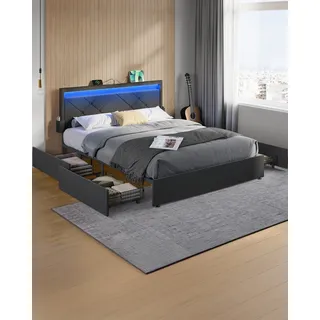 VASAGLE Doppelbettgestell, Bettgestell, 160 x 200 cm, LED, Metallbett, 4 Schubladen, Ladestation, verstellbares gepolstertes Kopfteil, schiefergrau - Dunkelgrau