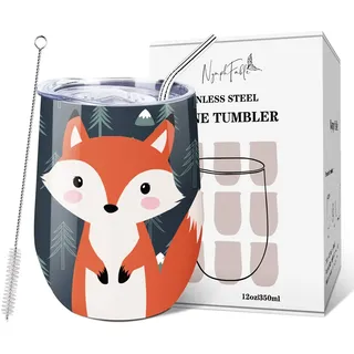 NymphFable 350ml Fuchs Weinbecher mit Deckel und Strohhalm Edelstahl Kaffeebecher to go Geschenke für Frauen
