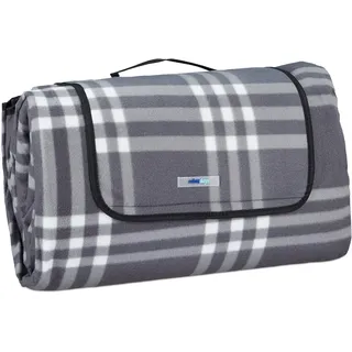 Relaxdays XXL Picknickdecke, 200x300 cm, isoliert, wasserdicht, Karierte Fleece Stranddecke, mit Tragegriff, grau/weiß