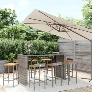 The Living Store 9-tlg. Gartenbar-Set Grau Poly Rattan & Massivholz Akazie - Grau