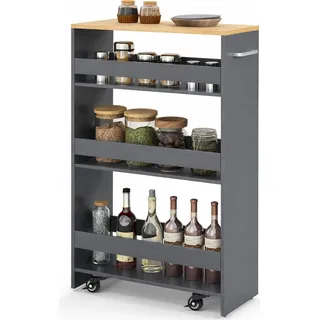 COSTWAY Nischenwagen 25cm breit, 4 Etagen Küchenwagen schmal, Nischenregal auf Rollen, Servierwagen mit Griff & Geländern, Badregal Holz, Grau - Grau