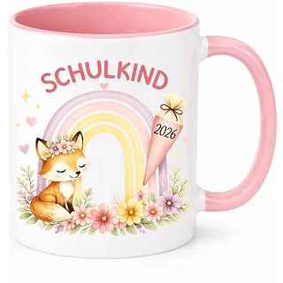 Einschulung Schulanfang - Keramiktasse 325ml für Schulkind 2026 Mädchen, Rosa Tasse mit Fuchs und Regenbogen Design, Ideal Geschenk Einschulung Mädchen, Süße Kindertasse für Schulkind Geschenke