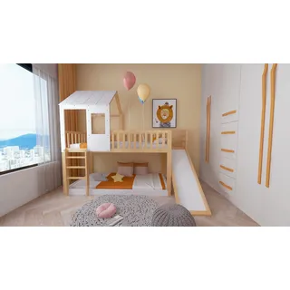 Sweiko Etagenbett (Kinderbett mit Rausfallschutz), Hausbett mit Leiter und Rutsche, 90*200cm - Weiß