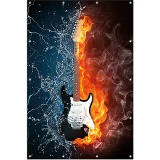 Wallario Outdoor-Poster für Garten oder Balkon, Motiv Feuer-Wasser-Gitarre, in ca. 120 x 180 cm - Schwarz