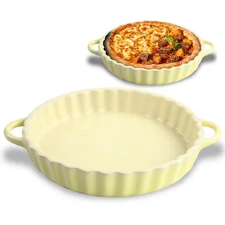LUPATDY Keramik Auflaufform 25,5 x 4 cm, Backform Rund, Keramik Backformen mit Griffen für Pie, Quiche, Tartes, Pizza, Auflaufformen Rund für Heißluftfritteuse, Backofen, Mikrowellenherd Gelb