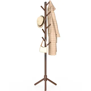 YheenLf Garderobenständer Holz, Kleiderständer Massivholz, Jackenständer für Kleidung, Hüte, Taschen, Eingang, Wohnzimmer, Schlafzimmer, 8 Haken, 3 Verstellbare Höhen, Braun, 42x180cm