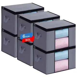 Boic 6 Stück Aufbewahrungstasche 90L Faltbare Aufbewahrung Boxen, Aufbewahrungsbox Mit Deckel Kleiderboxen Aufbewahrung Aufbewahrungstasche Für Bettdecken Für Mehr Platz In Ihrem Schlafzimmer (Grau)