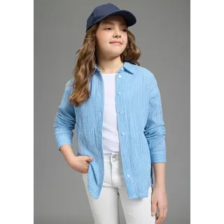 Hemdbluse KANGAROOS "Musseline Bluse mit modischem Streifen", Mädchen, Gr. 140, blau (weiß, blau gestreift), Web, Obermaterial: 100% Baumwolle, bedruckt, mit Knöpfen, Blusen Hemdbluse, für Mädchen, Langarm mit Knöpfen am Ärmelabschluss, aus Baumwolle