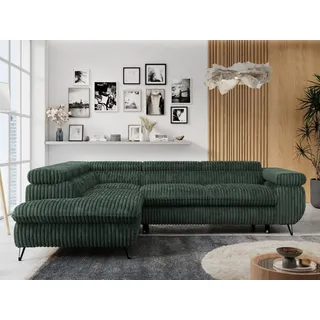 MKS Meble Ecksofa Sofa Grün, Wohnlandschaft L-Form mit Schlaffunktion und Bettkasten, Schlafsofa mit Bettkasten, Sofa mit Einstellbare Kopfstützen, Peter L - Grün Cord - Links Grün - Grün