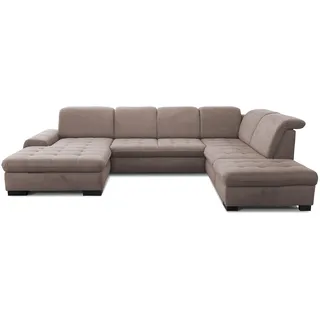 CAVADORE Wohnlandschaft Lexi / Große U-Form mit XXL-Longchair links & Federkern / Leichte Fleckenentfernung dank Soft Clean / 329 x 82 x 224 / Flachgewebe: Hellbraun