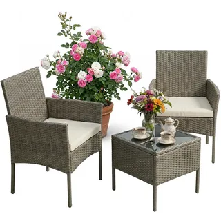 Relaxdays Gartenmöbelset Grau 3-tlg.-Set PE-Rattan , Kunststoff, Metall, Glas , Gartenmöbel, Gartengarnituren, Balkonmöbel-Sets