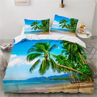 Damier Bettwäsche 135x200 Strand Meer Bettbezug Set 3D Grün Blau Beach Bettwäsche Weich Mikrofaser Bettwäsche 2teilig für Teenager Geschenke Jungen Mädchen mit Reißverschluss und 80x80 cm Kissenbezug