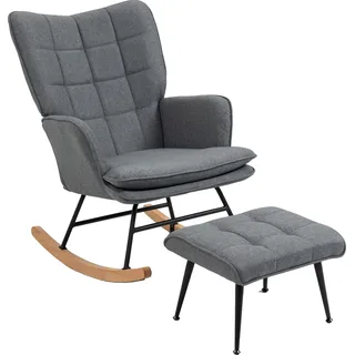 Fortuna Lai Schaukelstuhl bis 130 kg Schwingsessel mit Hocker Armlehnsessel Stillsessel Leinenoptik Schaukelsessel für Wohnzimmer & Schlafzimmer - Grau