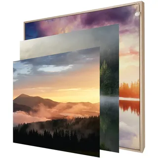 INFORMA LED Bilderrahmen in Holz Optik, 3 Wechsel Bilderrahmenbezüge Thema Nebel, Rahmenlos, 50 x 50 cm, 27 LEDs, austauschbare Motive mit UV Direktdruck