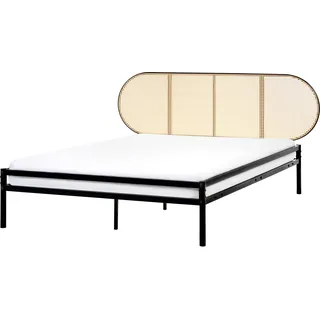 BELIANI Bett Schwarz Metall mit Lattenrost 140x200 cm Hohes Kopfteil Wiener-Geflecht Hoher Einstieg Ohne Fußteil Metallbett Doppelbett Bettrahmen - Schwarz, Braun