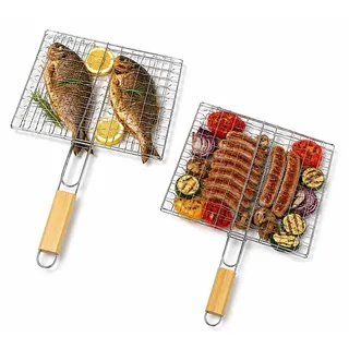 2x Grillgitter 23x21 cm mit Holzgriff – Grillrost Set aus Metall für Fisch, Fleisch und Gemüse – BBQ Grillkorb für Holzkohlegrill, Camping, Garten, Picknick und Outdoor