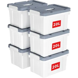 Cetomo 20L*6 Aufbewahrungsboxen, Tragbare Plastikboxen mit Deckeln, Organizer-Behälter mit Griff und Clips, Stapelbar, Ineinander Nestbar, für Zuhause und Büro, Weiß, 20L-6er Pack