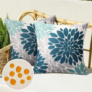 Kissenbezüge Blau Sofakissen Dekokissen Zierkissenbezug Frühling Sommer Moderne Boho Deko Kissenhülle Leinen Wasserdichte für Garten Terrasse Bed Büro Cafe Gartenmöbel Couchkissen,2er Set, 40x40 cm