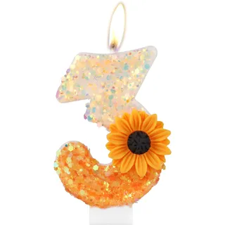 Orange Gänseblümchen Geburtstagskerzen, Orange Geburtstag Zahl 3 Kerzen für Geburtstagskuchen, niedliche Blume 3 Geburtstagskerze, Glitzer-Blumenkerze für Mädchen 3rd Geburtstag Party-Dekorationen