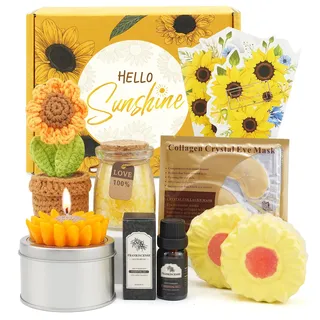 Geschenkset für Frauen – 8tlg mit Duftkerze, Duftöl & Badebomben | Inkl. Badesalz, Sonnenblumen-Deko, Augenmasken & Grußkarte