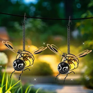 2 Stück Bienen Solarleuchten, Hängende LED Laternen für Garten & Balkon | Hängende Solarleuchten im Bienen-Design als charmante Gartendekoration für Terrasse, Balkon, Hof und Gartenwege