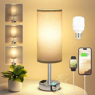 Kakanuo Nachttischlampe Touch Dimmbar, Tischlampe mit USB A+C+Steckdose Ladefunktion, Lampenschirm aus Leinenstoff, Lampe für Nachttisch Wohnzimmer Schlafzimmer Kinderzimmer Büro(Inklusive Birne)