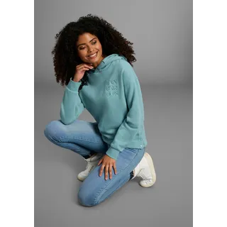 Kapuzensweatshirt KANGAROOS, Damen, Gr. 32/34, grün (blaugrün), angeraute Sweatware, Obermaterial: 60% Baumwolle, 40% Polyester, lässig geschnitten hüftbedeckend, Rippbündchen, Sweatshirts Kapuzensweatshirt, mit Rippbündchen an Ärmeln und Saum, lässig geschnitten, hüftbedeckend