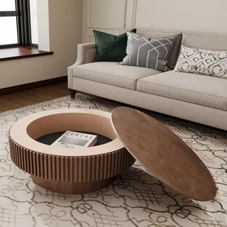 75 cm runder Couchtisch mit Stauraum, moderner Couchtisch mit Massivholz-Furnier, dekorativer Teetisch für Wohnzimmer, Schlafzimmer, Wohnung oder Büro - Braun