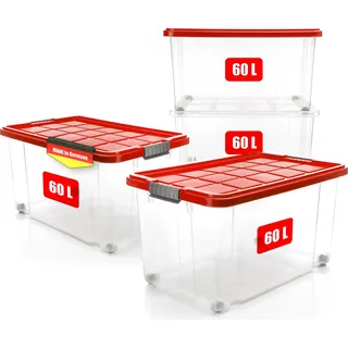 BigDean 4 Stück 60 L Aufbewahrungsbox mit Deckel groß rot - stapelbare robuste Box rollbare Stapelbox mit festen Klickverschlüssen - Germany