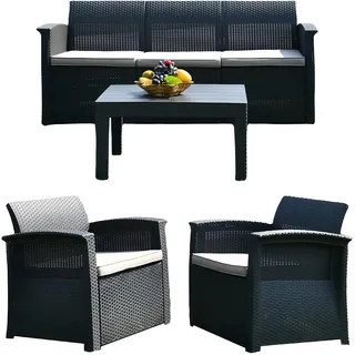 Relaxdays Gartenmöbel Set, 4-teilige Rattan Sitzgruppe, 5 Personen, Bank, Sessel & Tisch, Loungemöbel, outdoor, Farben - Schwarz