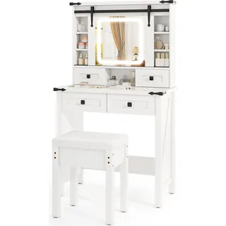 COSTWAY Schminktisch Frisiertisch Kosmetiktisch mit Hocker, LEDs, 3 Farben mit einstellbarer Helligkeit, Schiebespiegel & 4 Schubladen weiß - Weiß