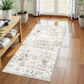 Homcomodar Beige Vintage Teppich Eingangsbereich Innen Fussmatte 60x120cm Fußmatte Waschbarer Kleiner Teppich rutschfest Weich Boho Kurzflor Teppiche Läufer für Küchen Schlafzimmer Eingang Badezimmer