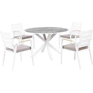 BELIANI Gartenmöbel Set 5-teilig Weiß u. Dunkelgrau Aluminium Tisch  120 cm Rund Keramikplatte Marmor Optik mit 4 Stühlen Auflagen Grau Stapelbar - Weiß, Grau, Braun
