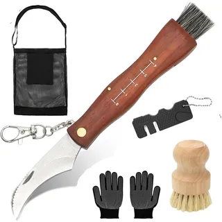 Ruikcoll 5-teiliges Pilzmesser-Set klappbar mit Bürste – Inkl. Schwammerlmesser, Pilzbürste, Schärfer, Handschuhe & Beutel | Perfekt für Pilzsuche & Outdoor-Kochen