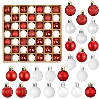 HIGA-JKL 49 Stück 3cm Christbaumkugeln Matt Glänzend Glitzernd Dekokugeln aus Plastik mit Aufhänger Bruchsicheres Weihnachtsbaum Dekorationen Set für Hochzeit & Party Weihnachtskugeln(Weiß Gold)