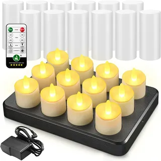 HL Wiederaufladbare LED Kerzen, 100 Stunden Akku Teelichter Wasserdichte Kerze mit Magnetisches Ladestation und Timer für Außenbereich Tisch Party SPA-Badezimmer Heimdekoration,12 Stück,Warmweiß