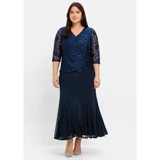 Abendkleid SHEEGO "Abendkleid", Damen, Gr. 50, Normalgrößen, blau (marine), 100% Polyester, unifarben, lang, V-Ausschnitt, Kleider Abendkleid