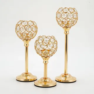 VINCIGANT 3er Set Kerzenständer Gold Kristall Kerzenhalter für Weihnachtsdeko Tisch, Teelichthalter Deko Wohnzimmer Modern Hochzeit Abendessen (17cm/22cm/27cm)