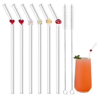 Glasstrohhalme Mit Motiv, Wiederverwendbar Strohhalme Glas mit Design, Blumen, Herzen & Pilze - 6 Gebogene Glass Straw & 2 Reinigungsbürsten - Perfekt für Smoothies, Kaffee, Tee, Milchshake, Slush