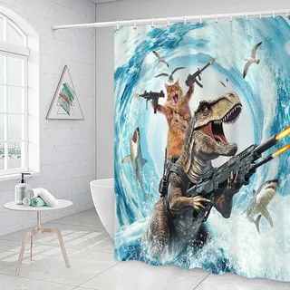 Grtuspr Lustiges Katzen-Duschvorhang-Set, niedliche Katze, die reitet, Dinosaurier-Thema, Ozean-Vorhänge für Badezimmer, lustig, nautische Kinderdekoration, Polyesterstoff, WC-Vorhänge
