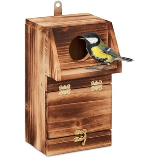 Relaxdays Nistkasten für Kohlmeise & Gartenrotschwanz, mit Reinigungsklappe, Holz, Vogelnistkasten zum Aufhängen, Natur