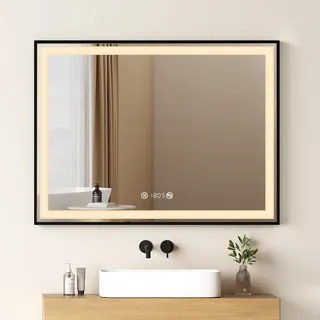 EMKE Badspiegel LED Spiegel 80x60cm Badezimmerspiegel Lichtspiegel mit Schwarz Rahmen Touch-Schalter, Beschlagfrei und Uhr Funktions - Schwarz