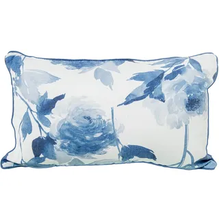 DRW Rechteckiges Kissen aus Polyester und Baumwolle mit Reißverschluss mit Blumen in Blau und Weiß, 45 x 10 x 45 cm