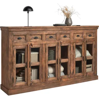 Ambia Home Sideboard , Braun , Metall , Mangoholz , massiv , 3 Fächer , 6 Schubladen , 210x120x45 cm , Wohnzimmer, Wohnwände, Wohnwand-Serien