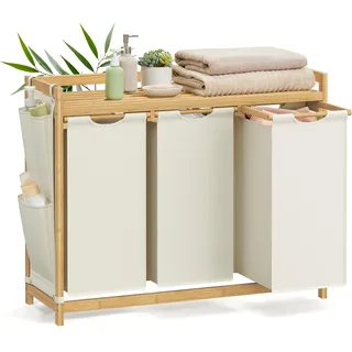 Songmics Wäschekorb 3 Fächer, Bambus, Wäschesammler 150 L, Wäschesortierer, mit Ablage, Wäschesack, kleine seitliche Taschen, Wäscheregal, 3 x 50 L, 94 x 33 x 78 cm, cremeweiß RLH115W01