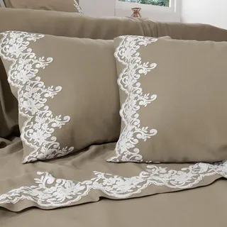 PETTI Artigiani Italiani - Perkal, Bettlaken für Doppelbett mit Spitze, Perkal, Bettwäsche-Set für Doppelbett, Bettlaken mit Spitze Taupe, 100% Made in Italy